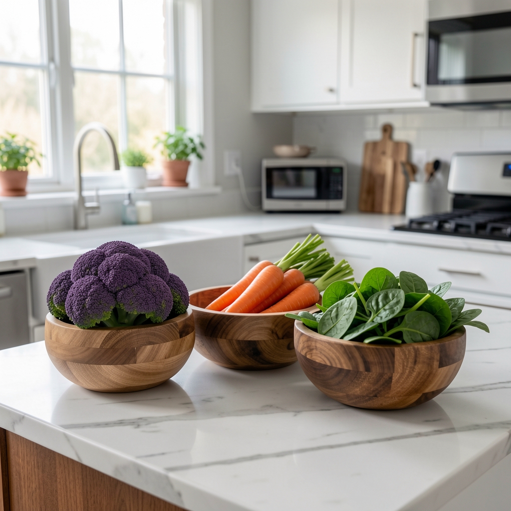 Home kitchen workspace with organised fresh vegetables including purple broccoli, carrots, and spinach in wooden bowls on a marble counter under natural window light